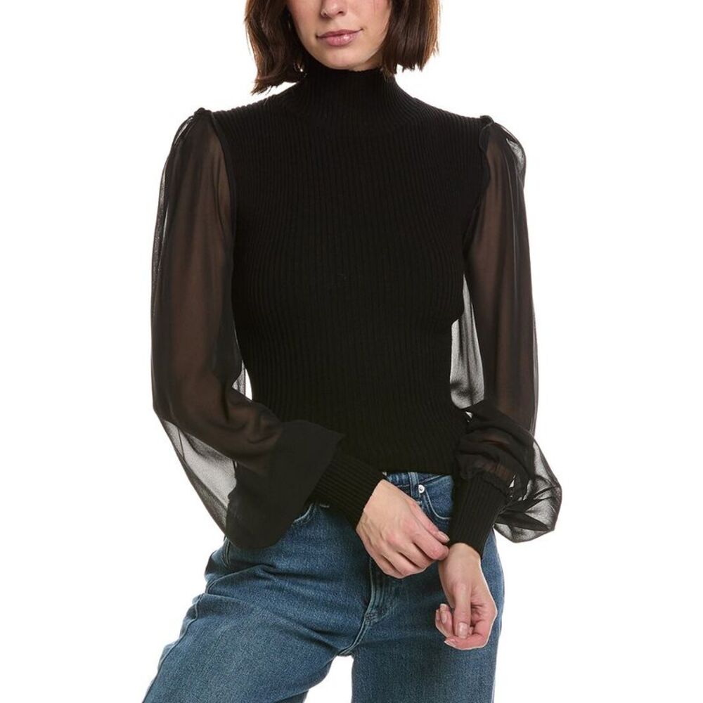 Frame Denim Womens Frame The Sheer Sleeve Wool & Silk Top, Black